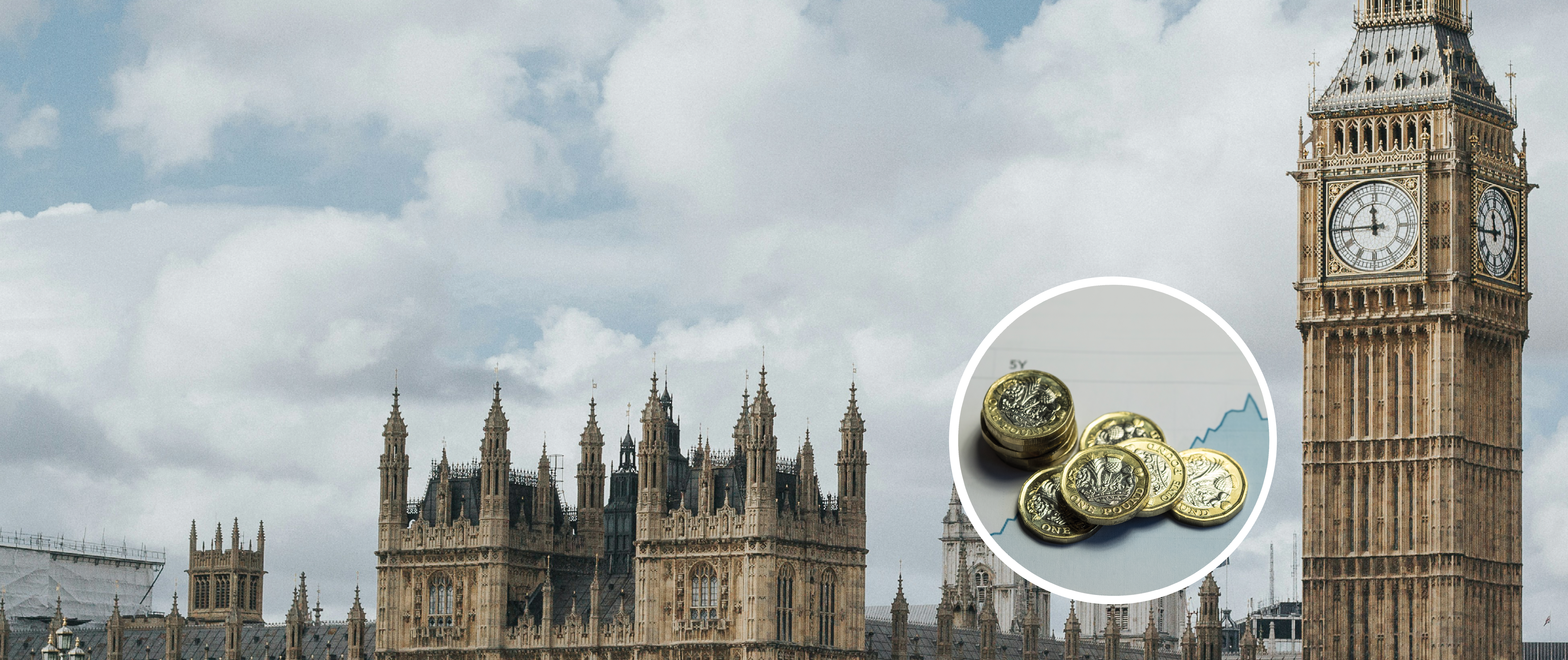 Banner with an image of Pound Coins ontop of a background of the houses of parliament