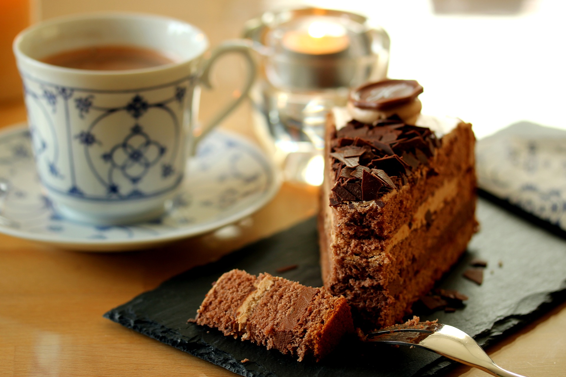 Chocolate cake and a cup of tea