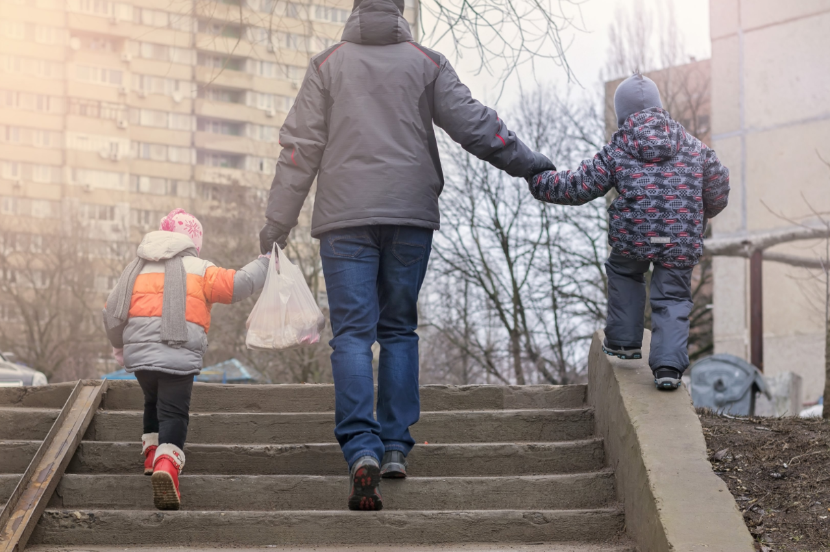 Family walking up stairs