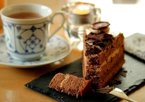 Chocolate cake and a cup of tea