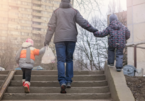 Family walking up stairs